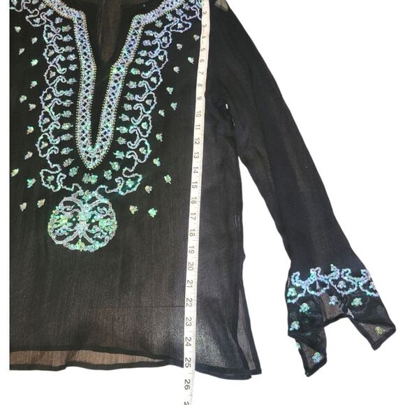 Venus Black Semi Sheer Silk Turquoise  Sequin Embroidered Beaded Tunic S - Picture 11 of 14